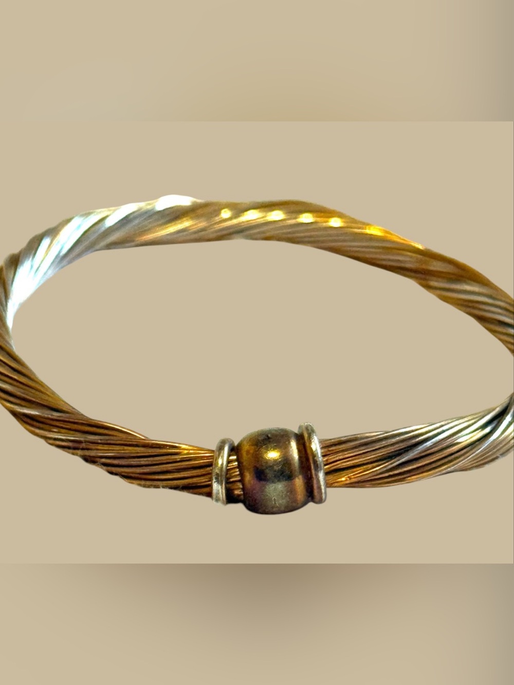 Vintage Gold Tone Multi Strand Wire Cable Bangle Bracelet with Center Bead EUC